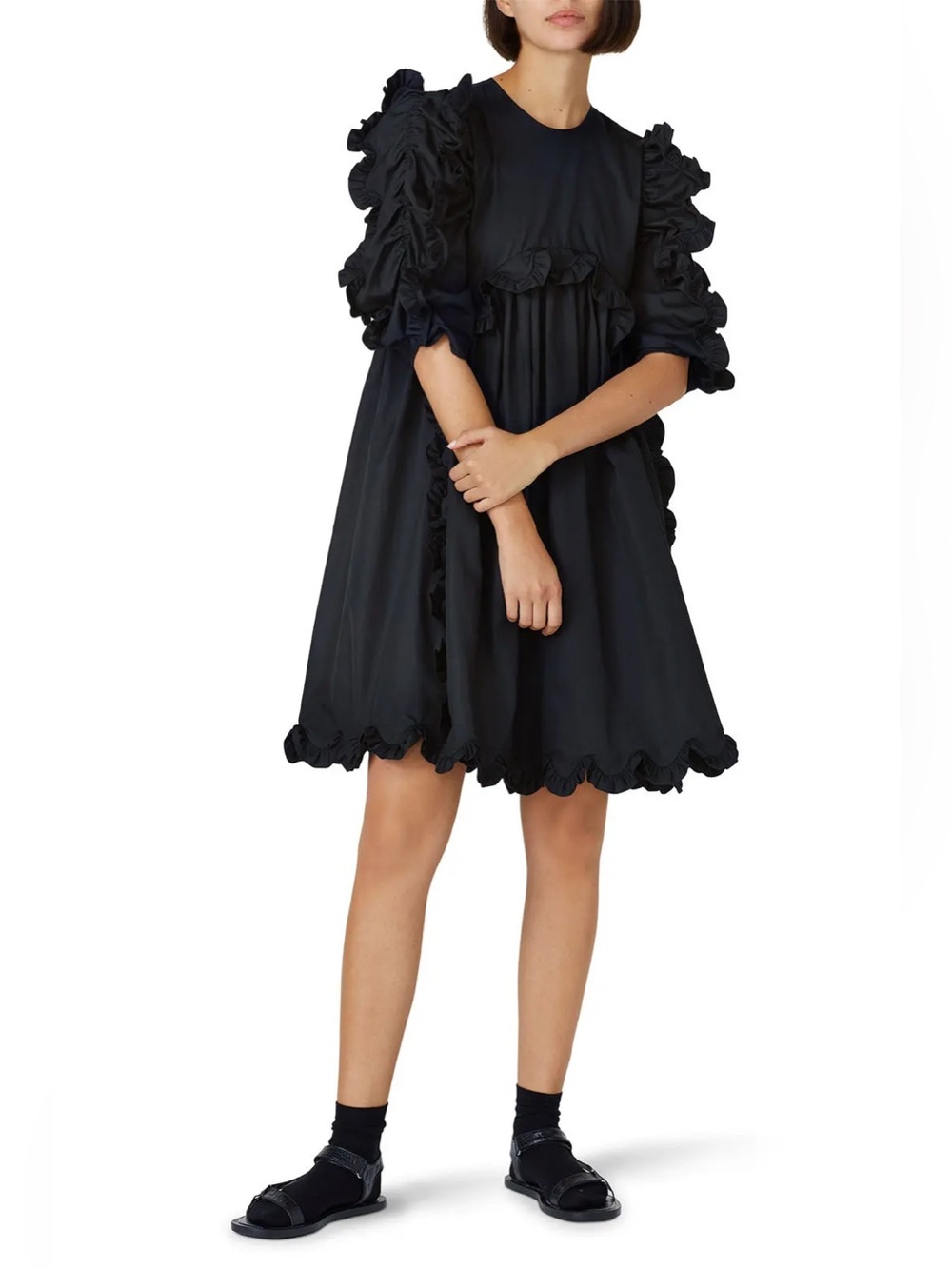CECILE BAHNSEN Black Keira Scalloped Ruffles Cotton Cloqué Dress - Size 8 US